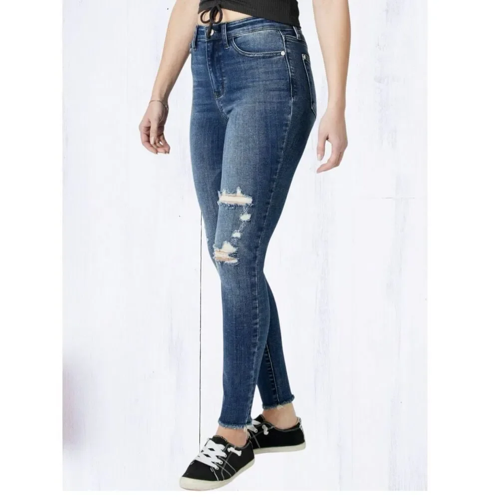 Judy Blue High Rise Skinny Jeans Dark Wash Distressed Stretch Denim Raw Hem NEW